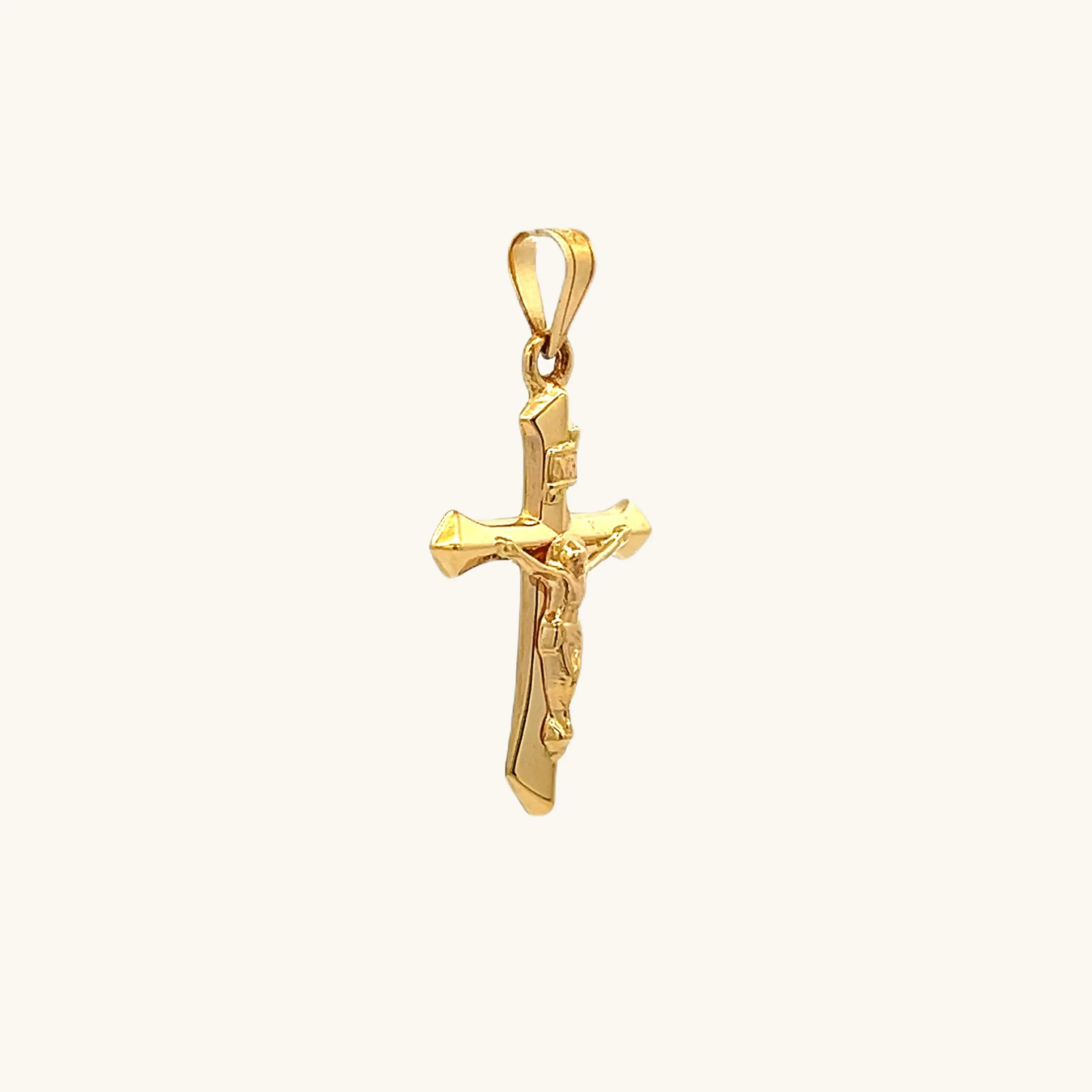 14K YELLOW GOLD ANGLED INRI CRUCIFIX PENDANT