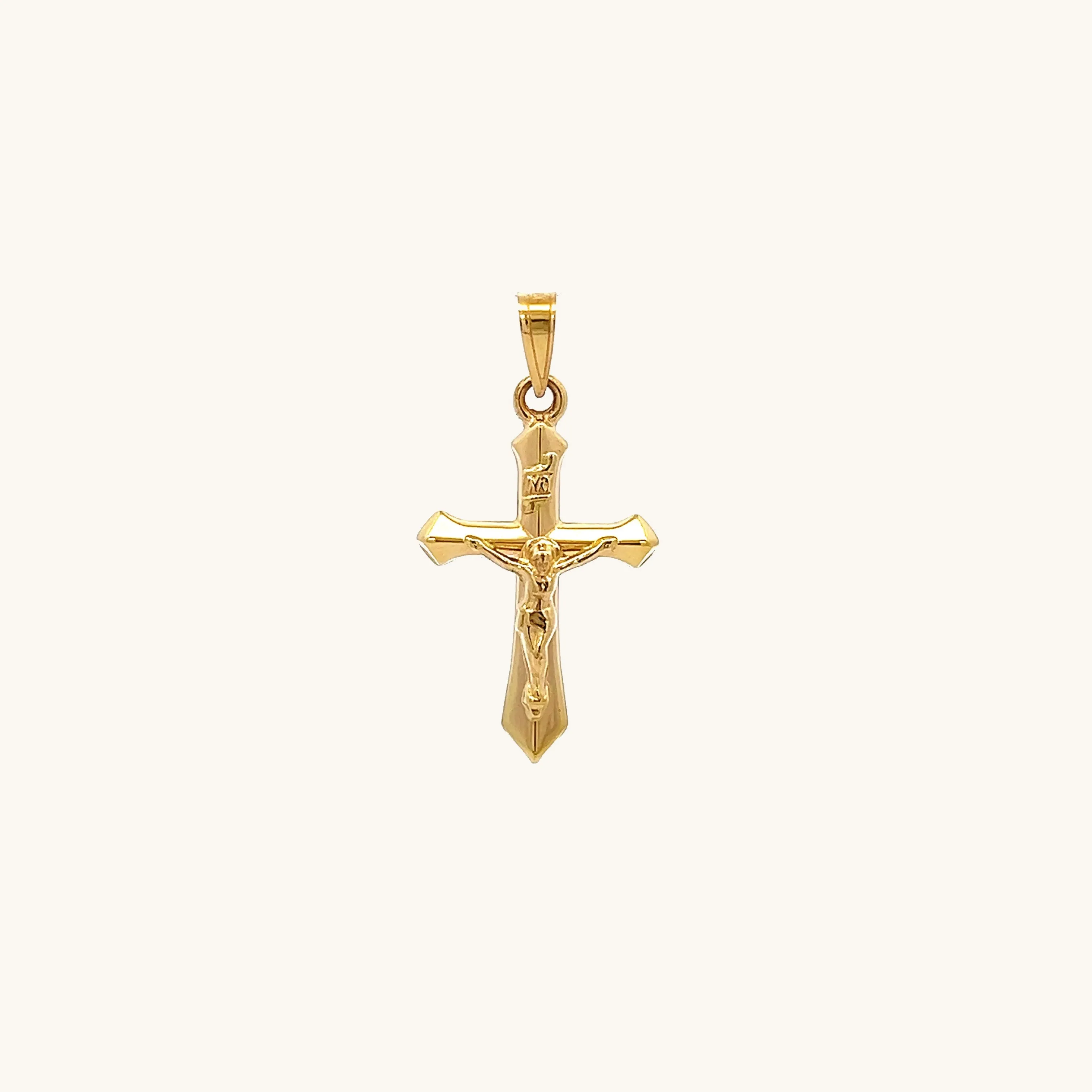 14K YELLOW GOLD ANGLED INRI CRUCIFIX PENDANT