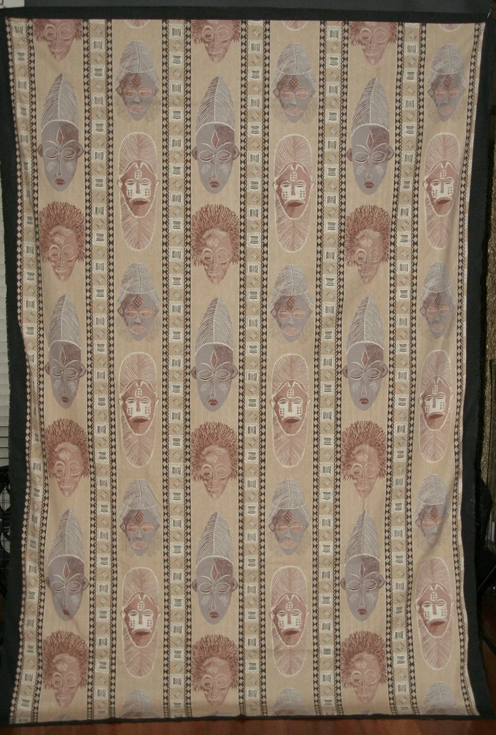 African Masks Wall Hanging Fabric Desert Sand Gray Brown Screen Print Zimbabwe 60" X 84"