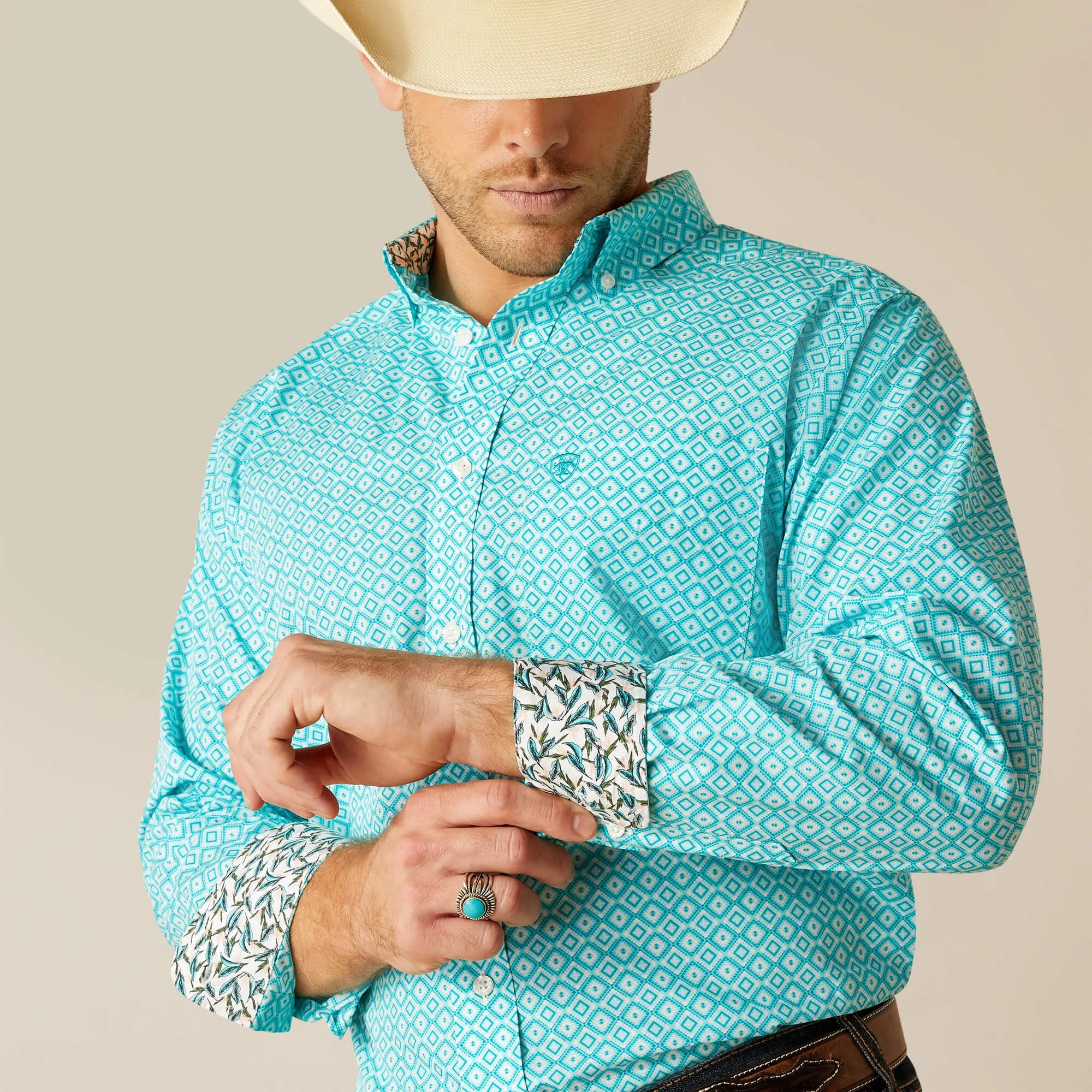 Ariat Men's Stanley Turquoise Print Classic Fit Wrinkle Free Button-Down Shirt