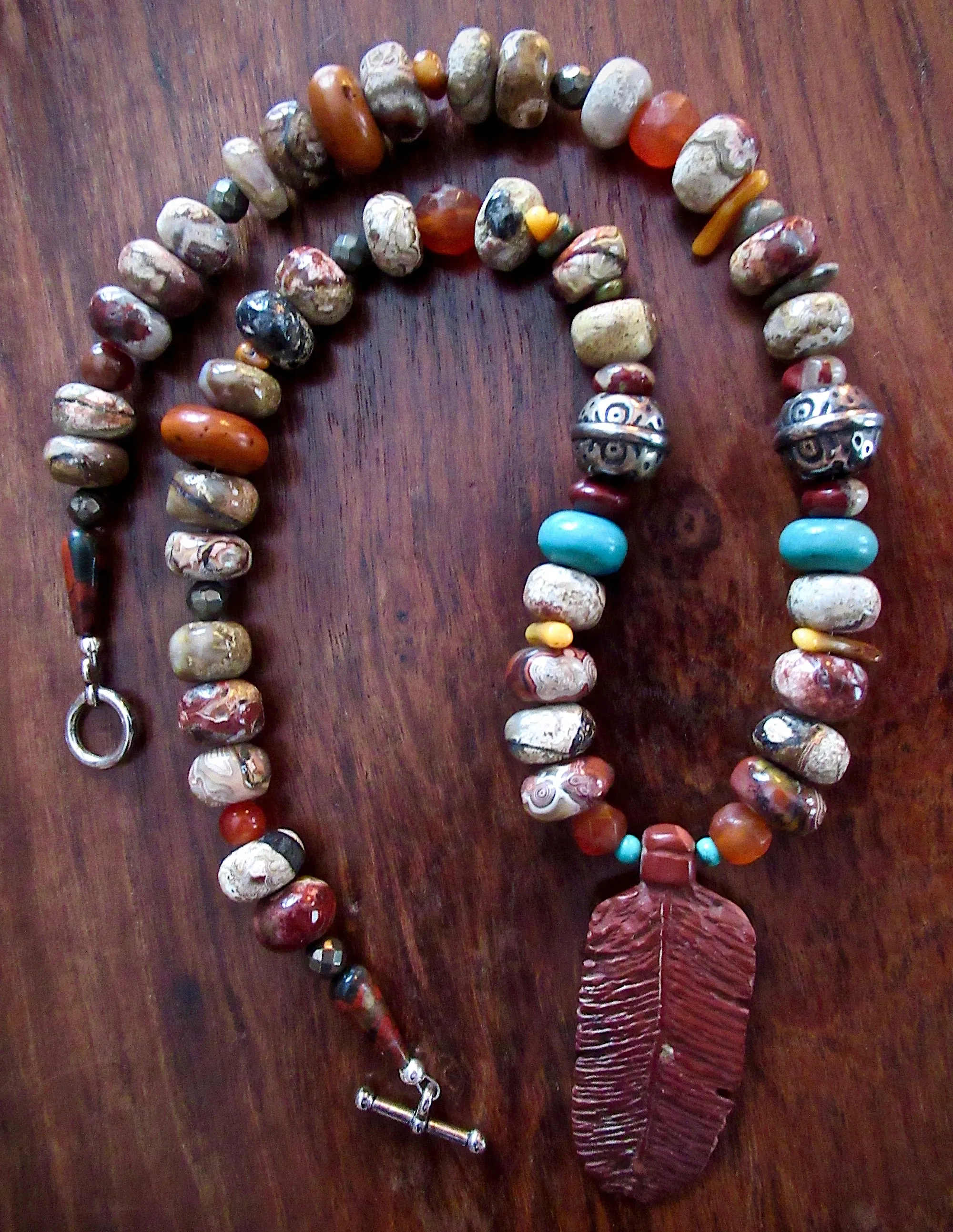 Autumn Jasper Necklace with Pipestone Feather Pendant