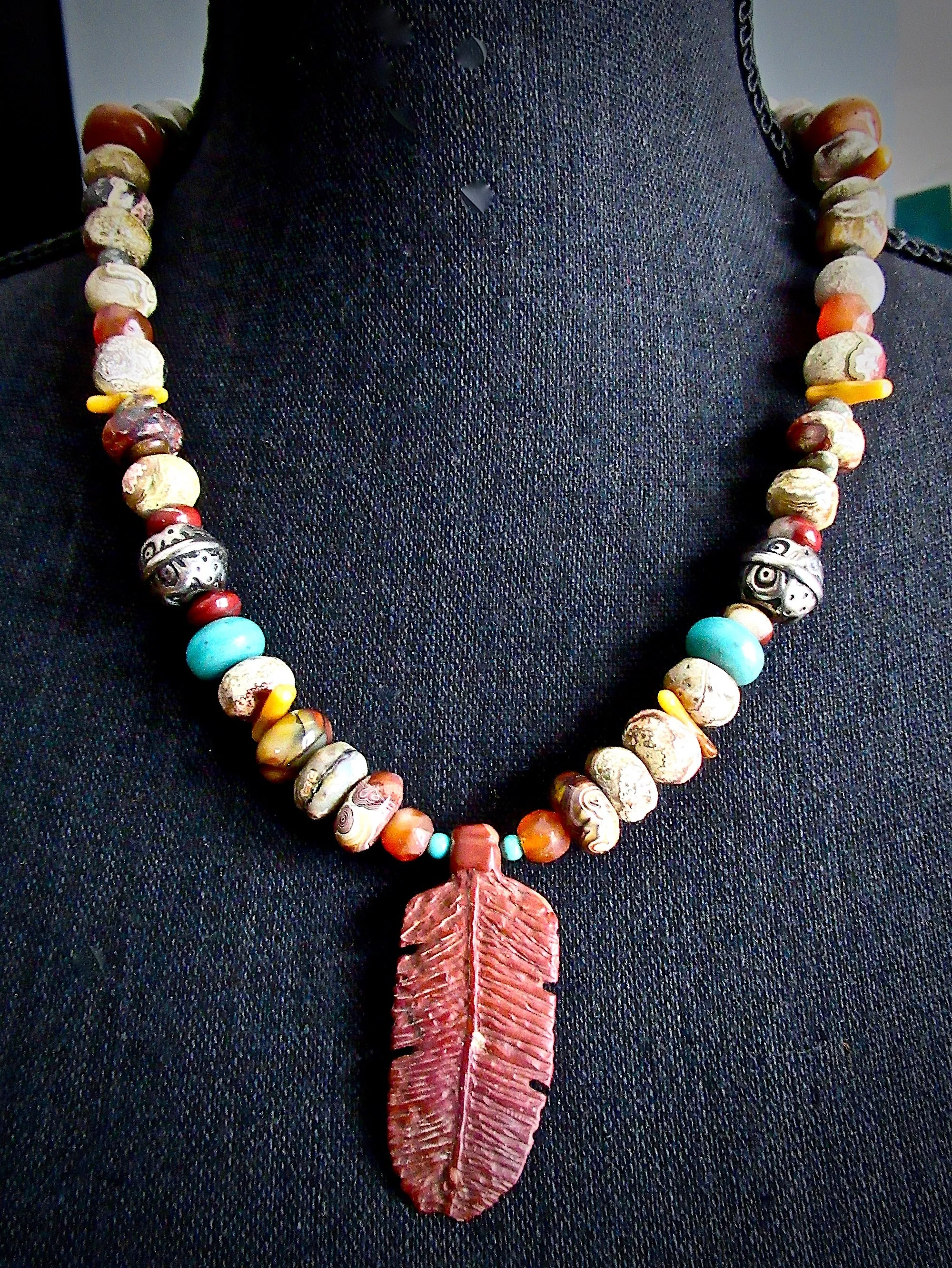 Autumn Jasper Necklace with Pipestone Feather Pendant