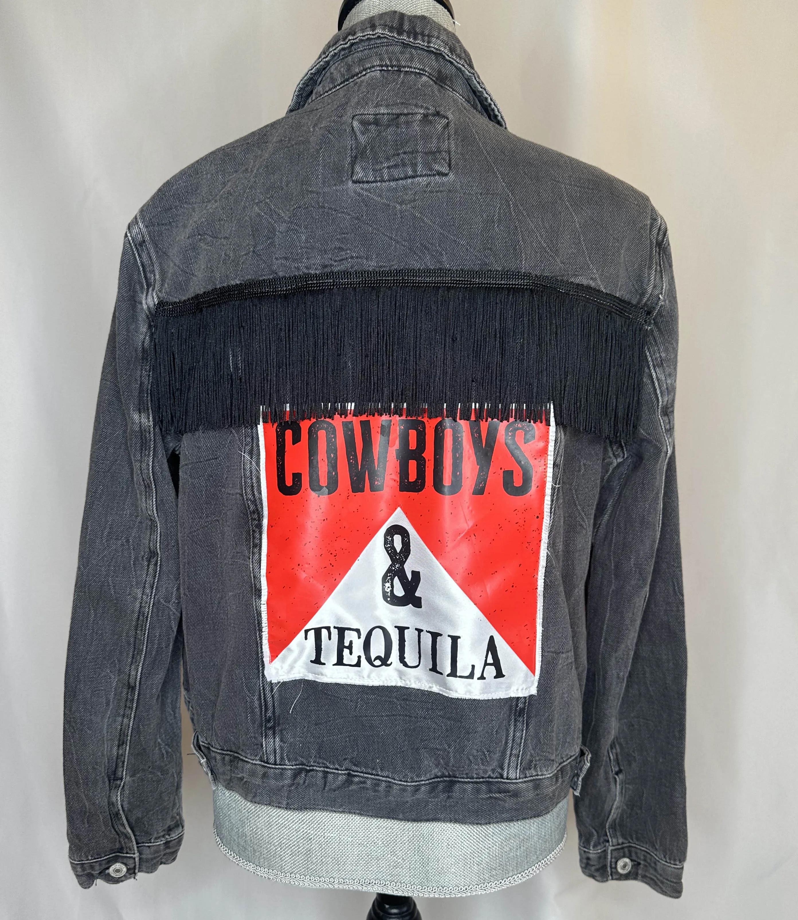 Black fringe "Cowboys & Tequila" Womens Denim Jacket