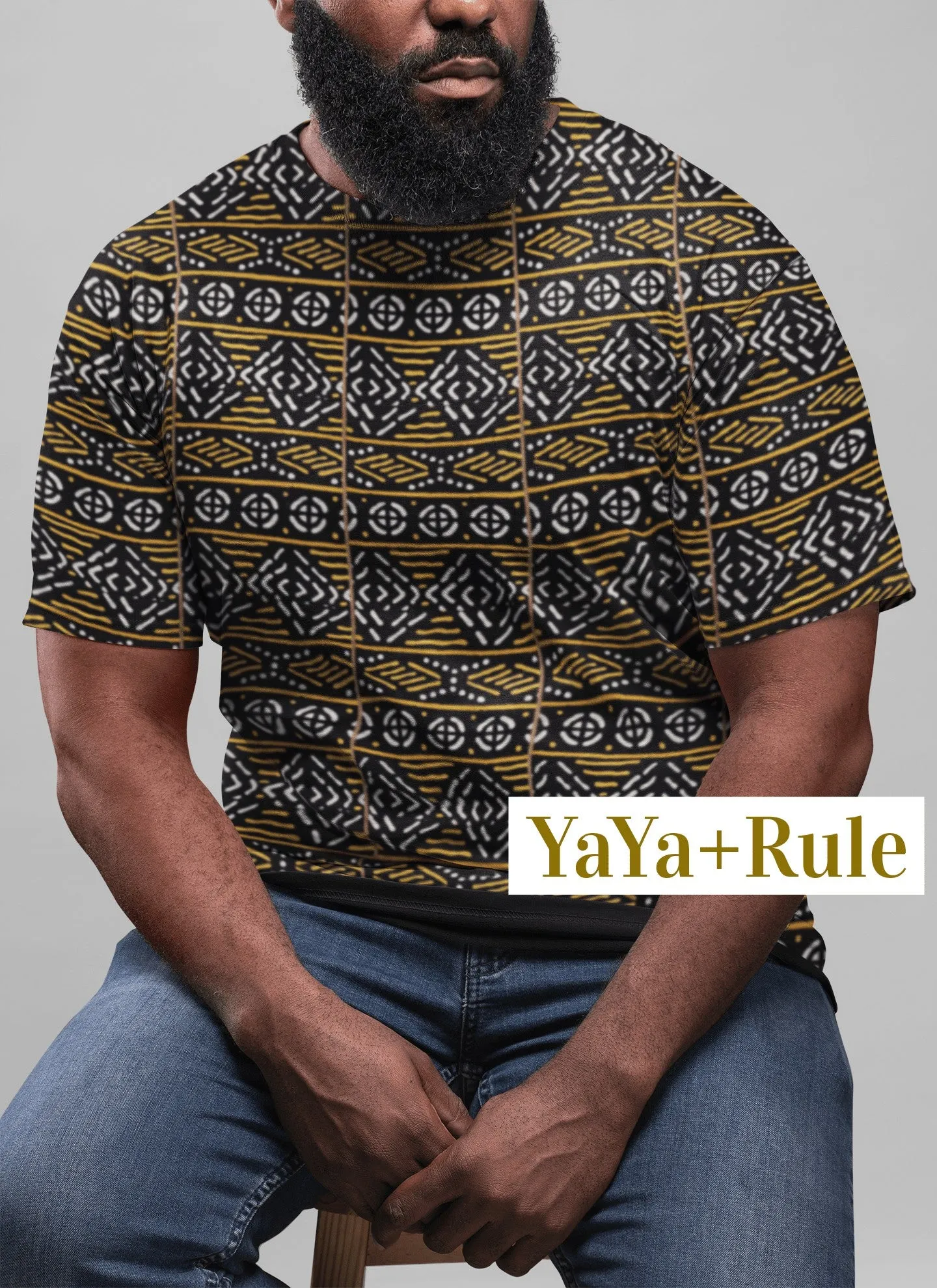 Black Yellow Bogolan African Print Men's T-shirt