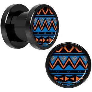 Blue Orange Tribal Print Black Anodized Screw Fit Plug Set 0 Gauge