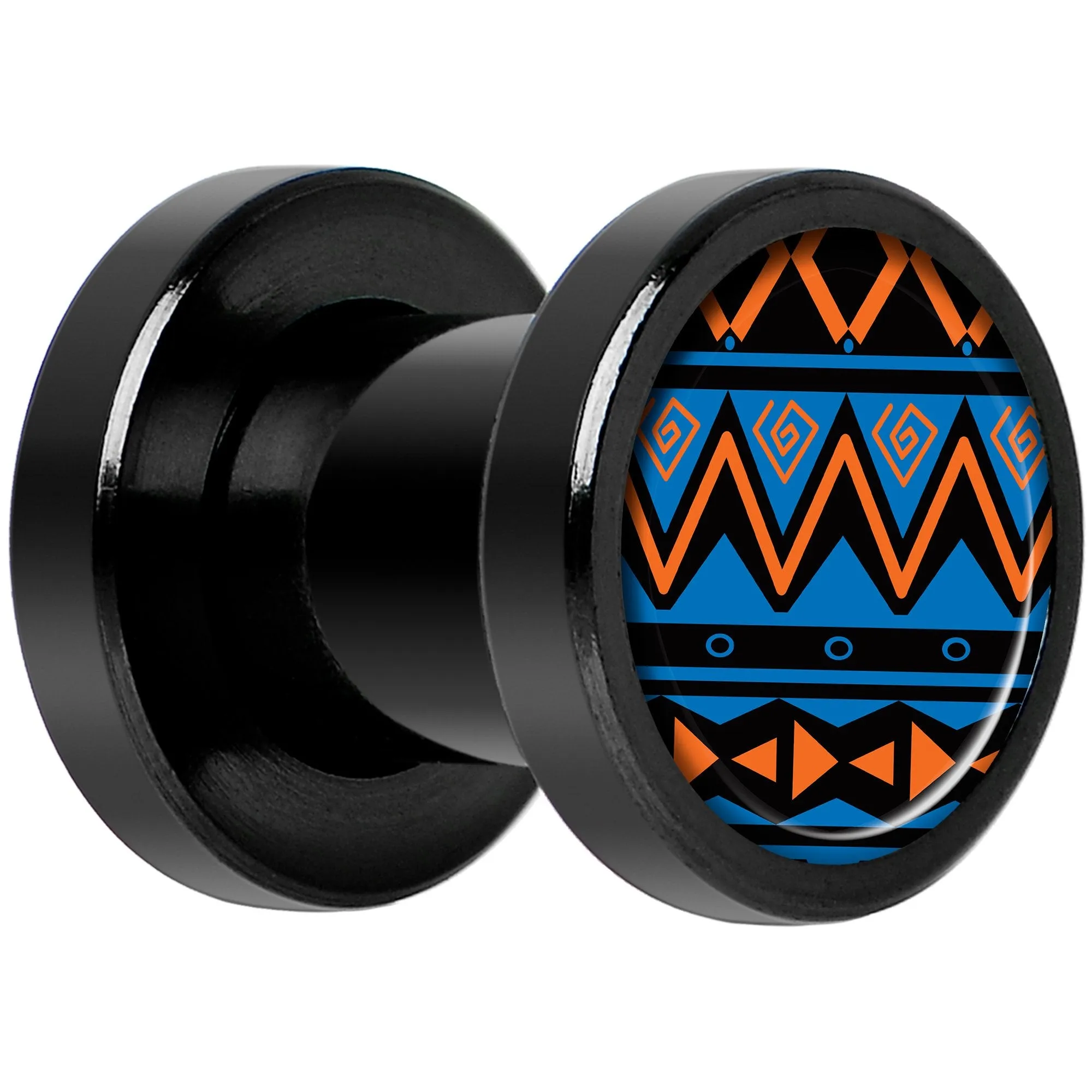 Blue Orange Tribal Print Black Anodized Screw Fit Plug Set 2 Gauge