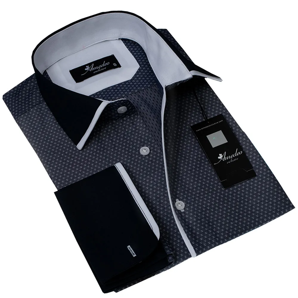 Charcoal Black Mens Slim Fit French Cuff Shirts with Cufflink Holes - Casual and Formal