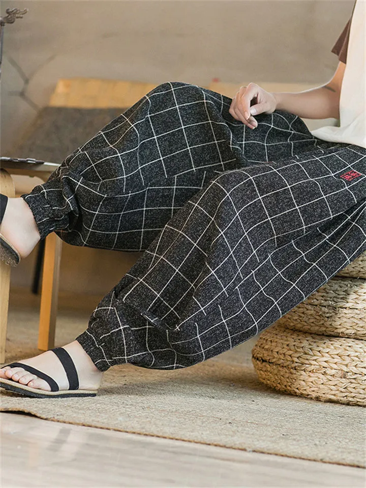 Chinese Style Men's Black Embroidered Plaid Pants