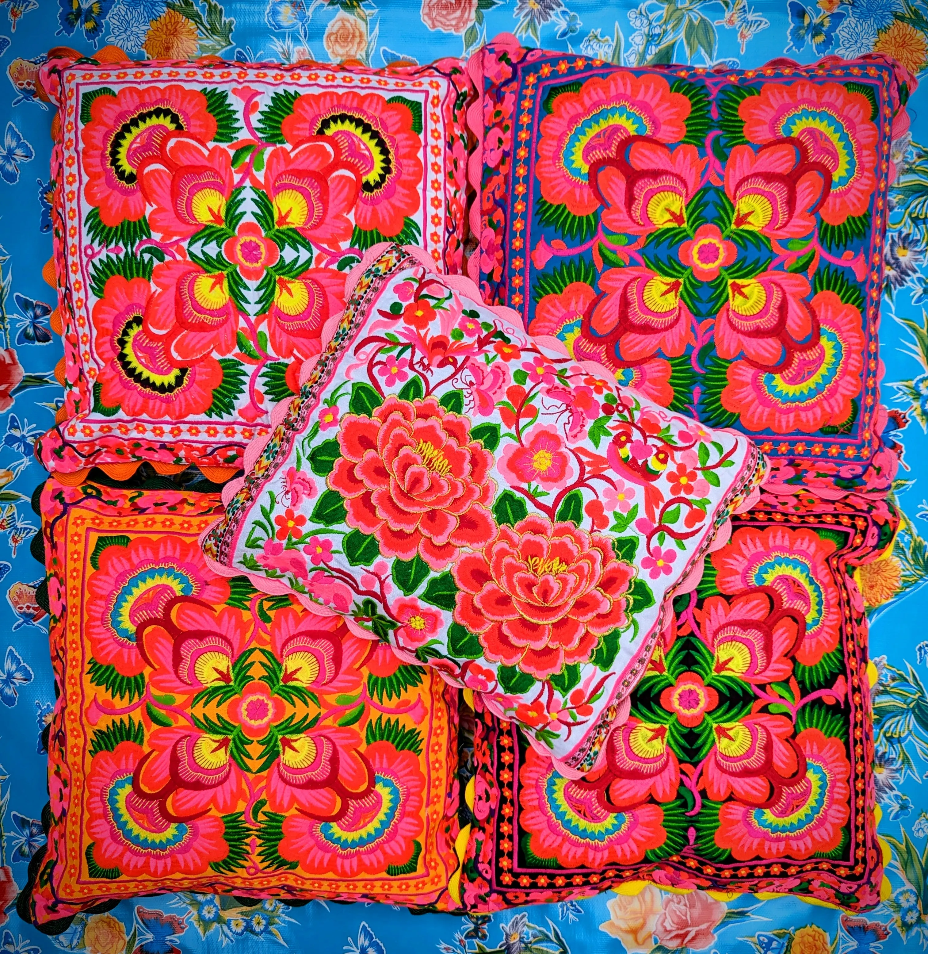 Chinese tribal embroidered peony cushions