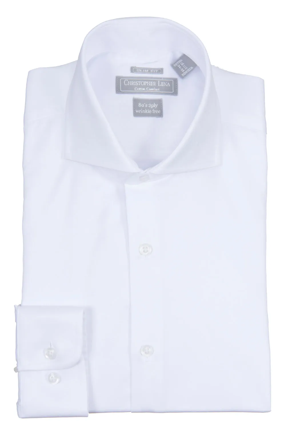 Christopher Lena - White -Dress Shirt - 100% Cotton - 80's 2-ply - Wrinkle Free - Slim Fit