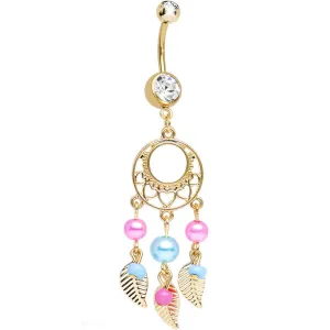 Clear Gem Gold Plated Pearly Feathers Dreamcatcher Dangle Belly Ring