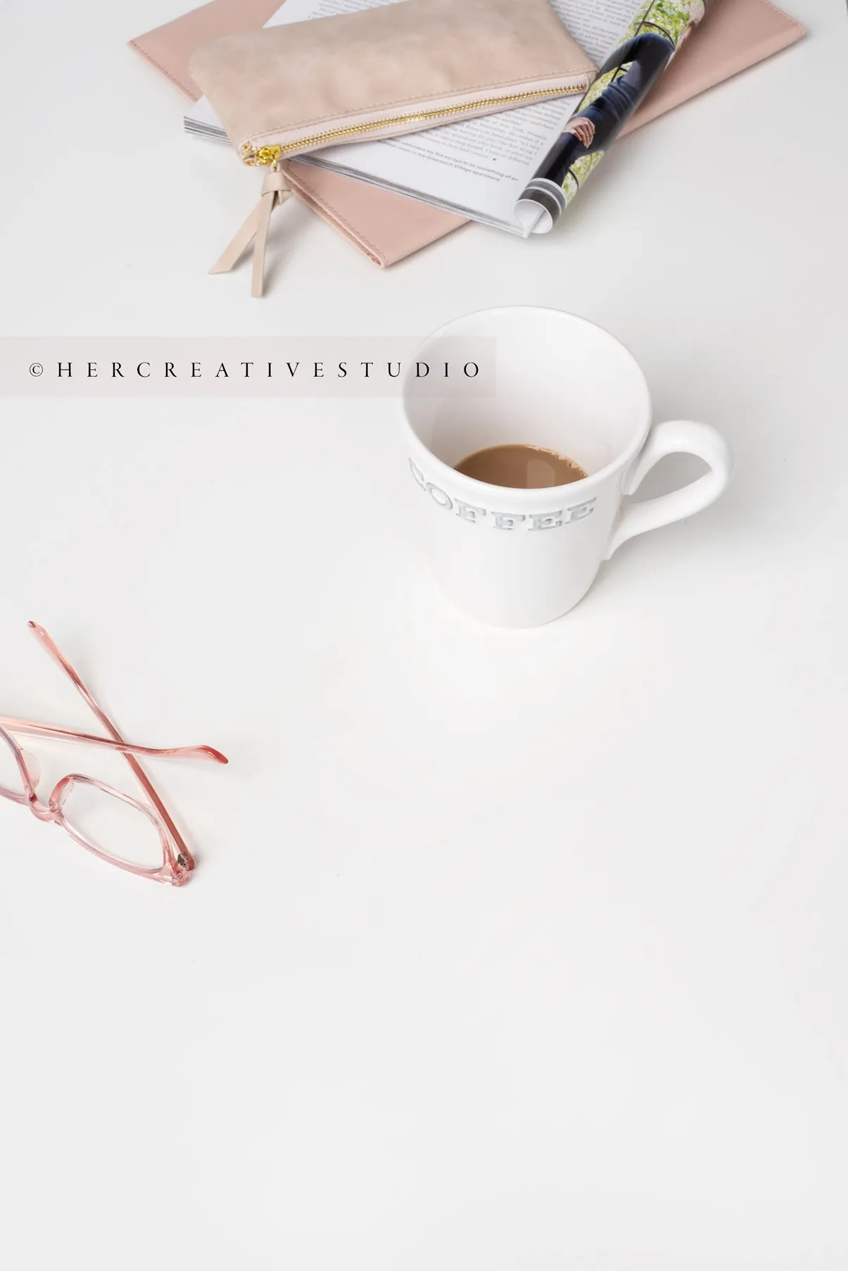 Coffee, Glasses & Notebooks. Styled Stock