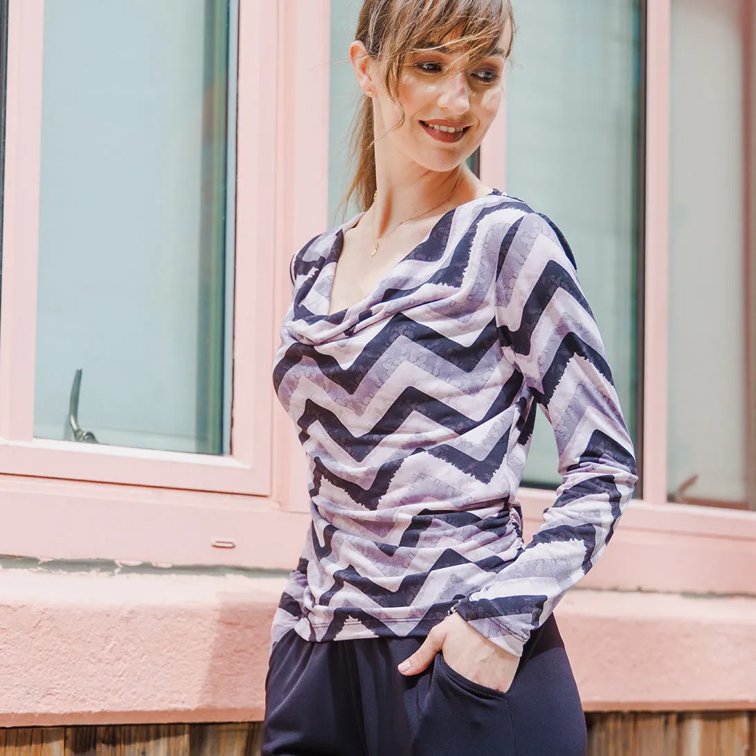 Cowl Neck Side Ruched Top - Chevron - Final Sale!