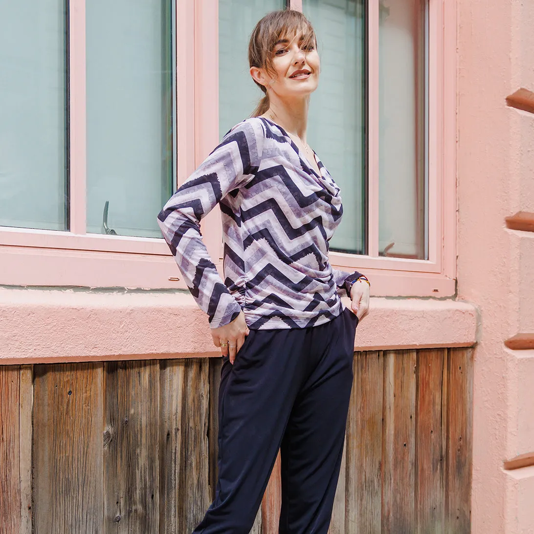 Cowl Neck Side Ruched Top - Chevron - Final Sale!