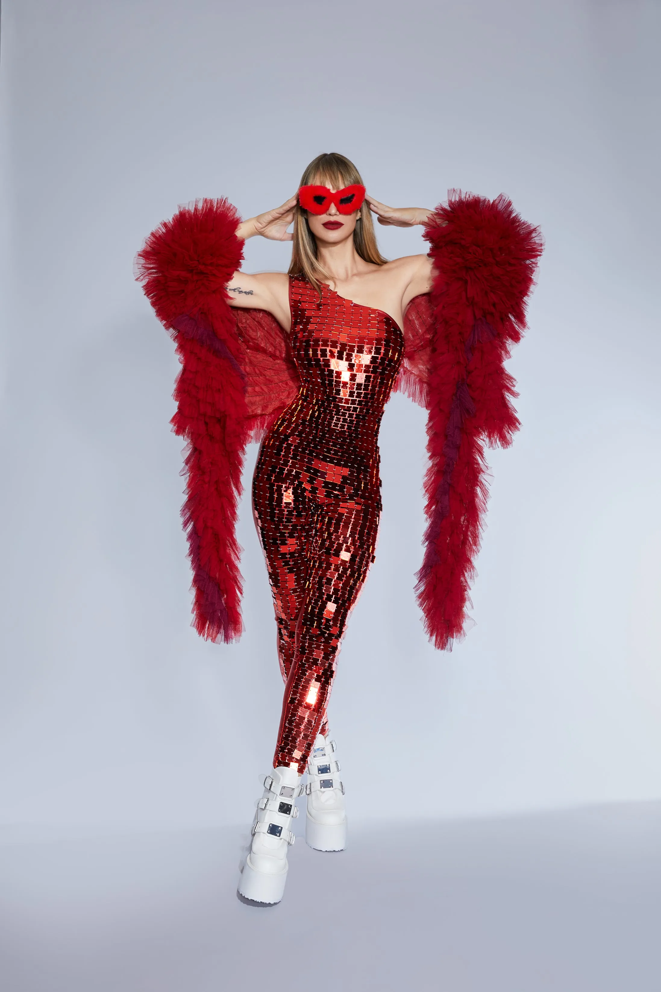 Elektra One Shoulder Red Mirrored Catsuit by Dani Watanabe