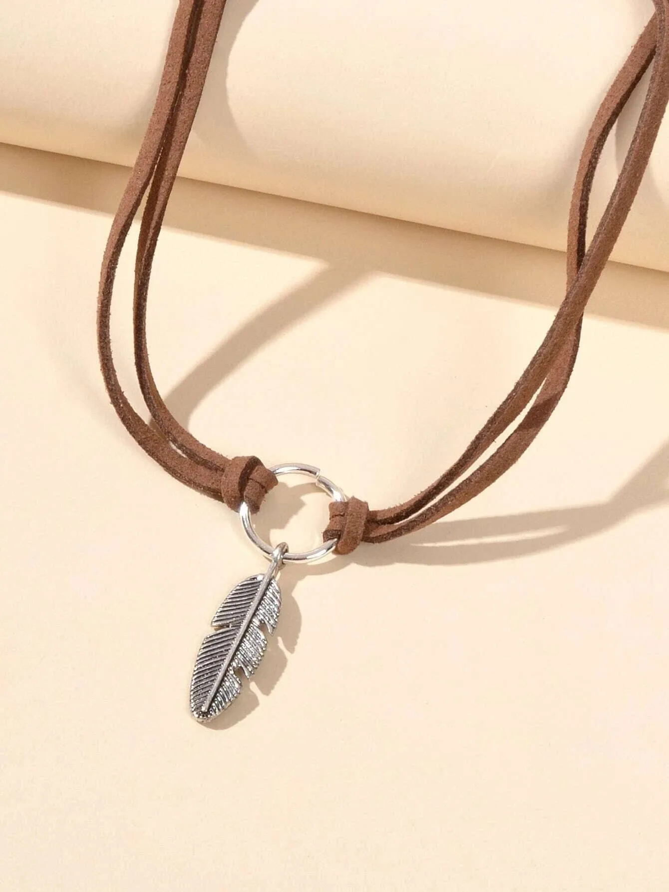 Feather Charm Cord Choker Necklace, Boho Double Strand Knot Necklace, Southwest Style Leather Choker Necklace