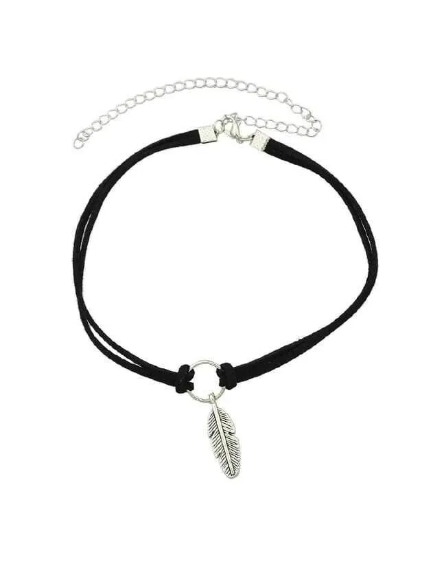 Feather Charm Cord Choker Necklace, Boho Double Strand Knot Necklace, Southwest Style Leather Choker Necklace