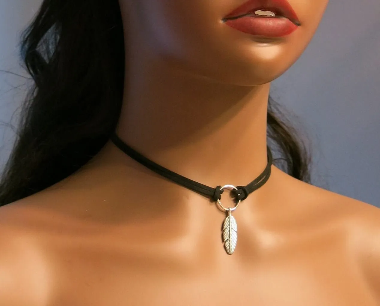 Feather Charm Cord Choker Necklace, Boho Double Strand Knot Necklace, Southwest Style Leather Choker Necklace