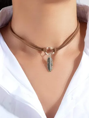 Feather Charm Cord Choker Necklace, Boho Double Strand Knot Necklace, Southwest Style Leather Choker Necklace