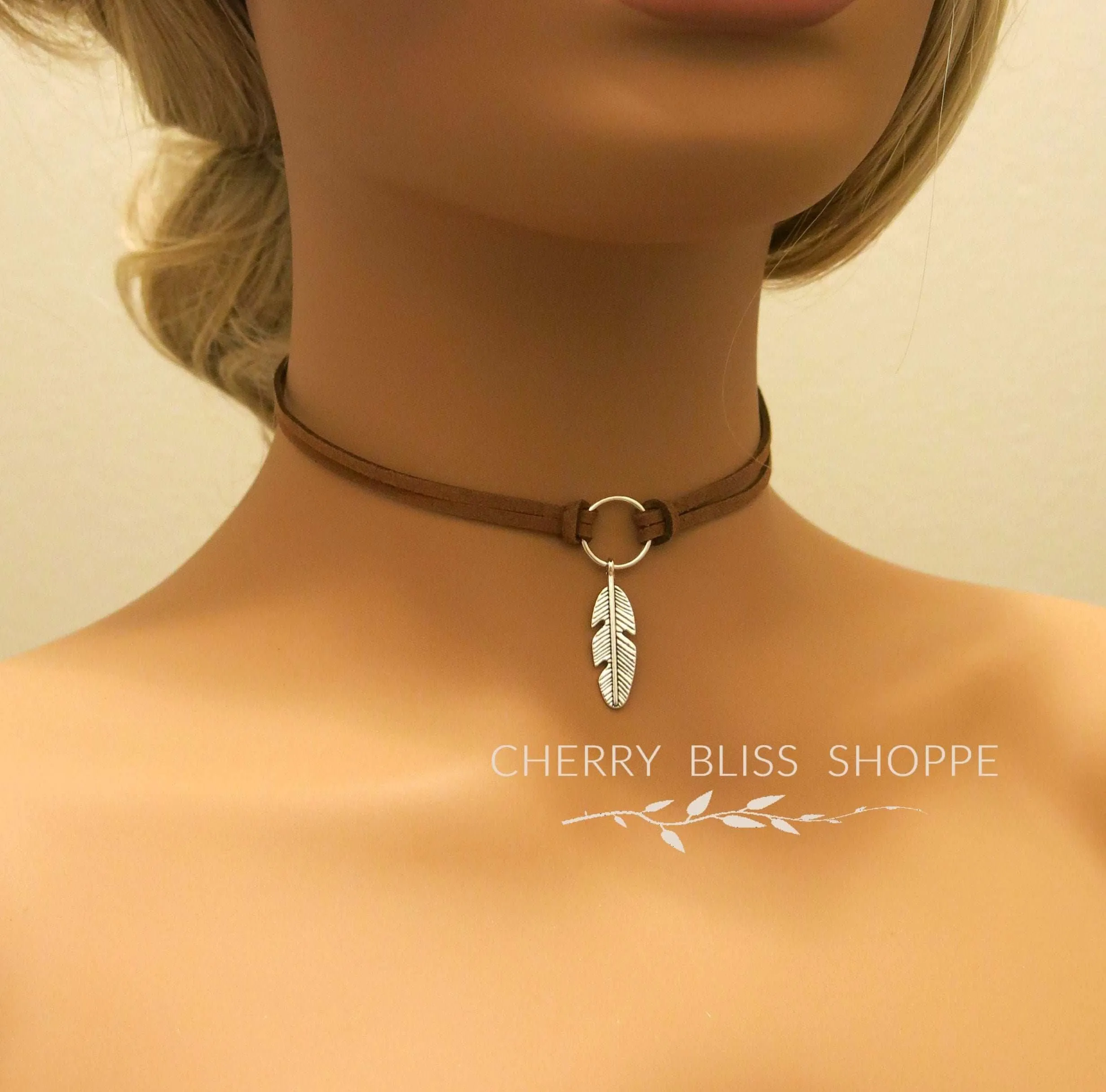 Feather Charm Cord Choker Necklace, Boho Double Strand Knot Necklace, Southwest Style Leather Choker Necklace