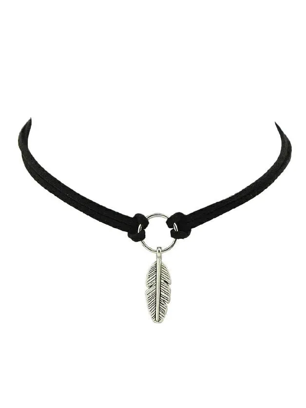 Feather Charm Cord Choker Necklace, Boho Double Strand Knot Necklace, Southwest Style Leather Choker Necklace