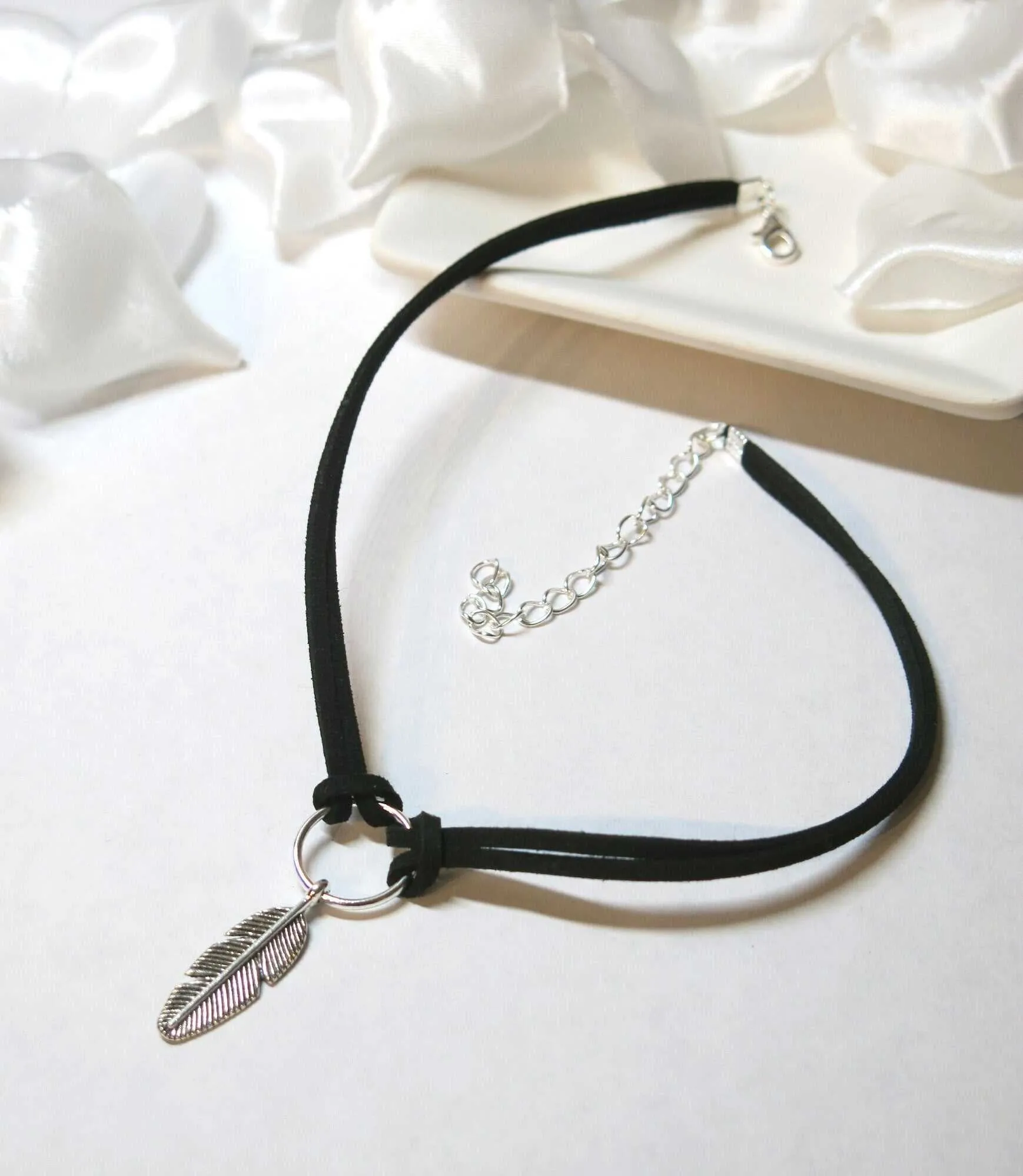 Feather Charm Cord Choker Necklace, Boho Double Strand Knot Necklace, Southwest Style Leather Choker Necklace