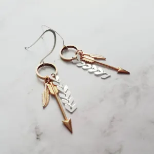 Gold and Silver Earrings, tribal earring, mixed metal earring, gold arrow earring, Boho earring, gold feather earring, long dangle earring