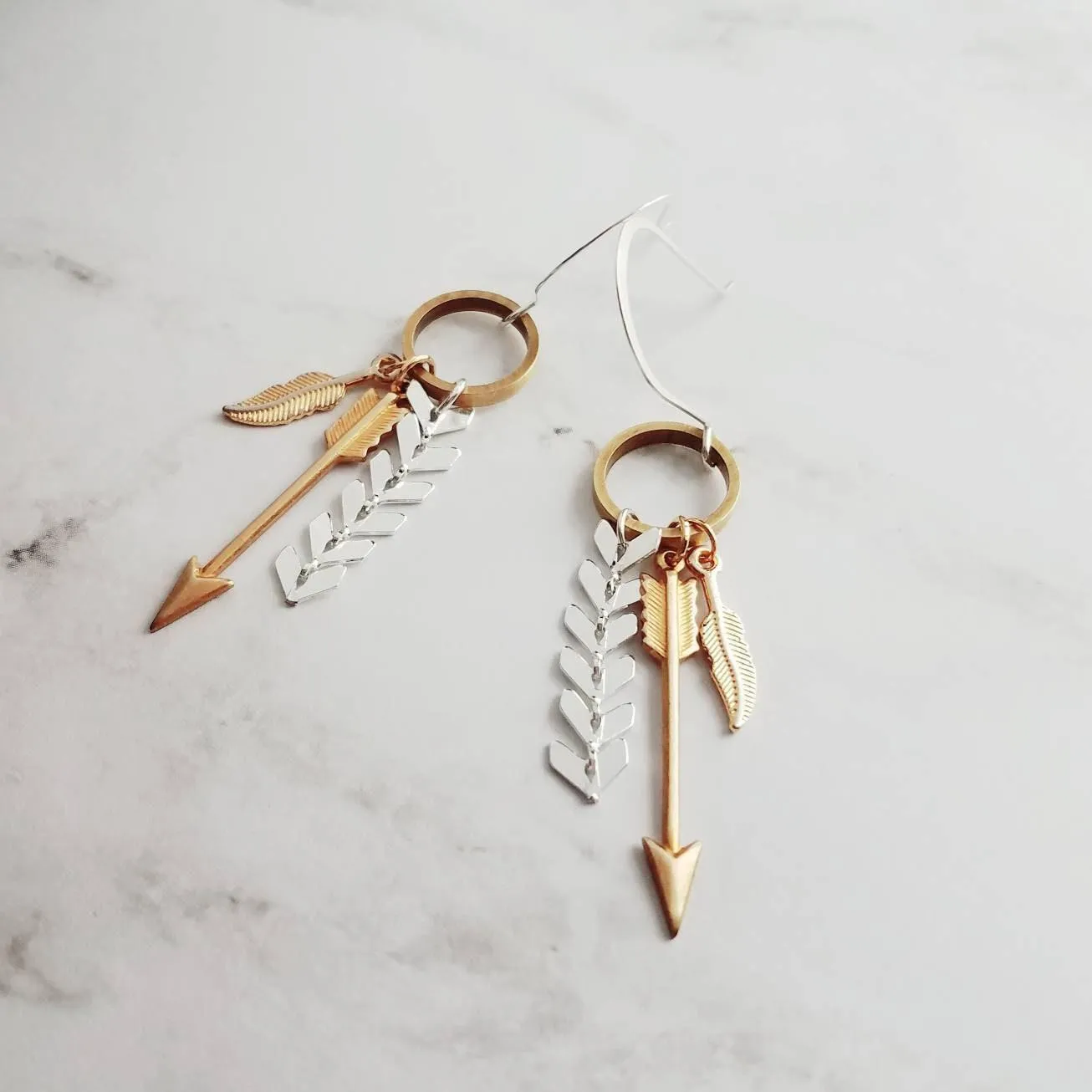 Gold and Silver Earrings, tribal earring, mixed metal earring, gold arrow earring, Boho earring, gold feather earring, long dangle earring