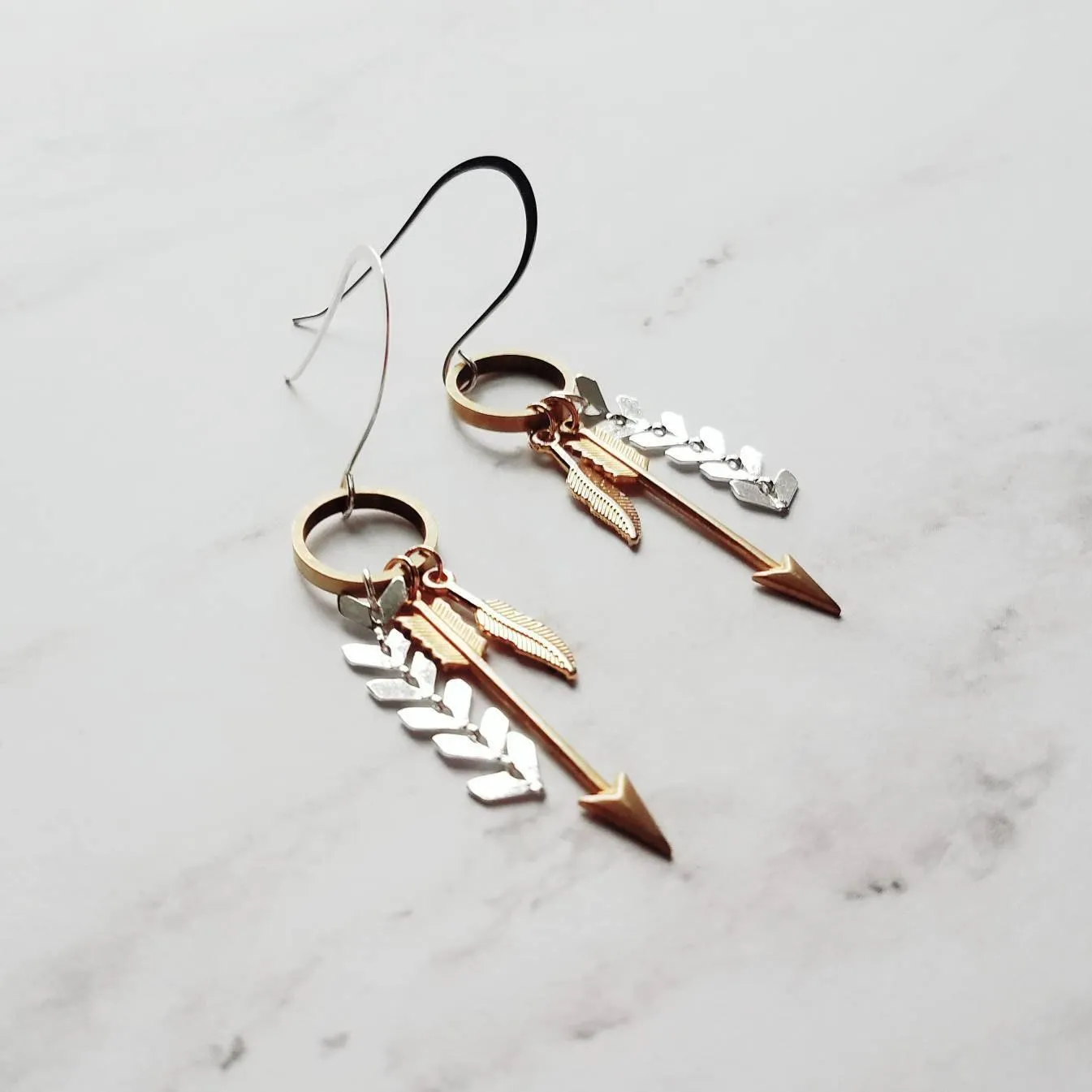Gold and Silver Earrings, tribal earring, mixed metal earring, gold arrow earring, Boho earring, gold feather earring, long dangle earring
