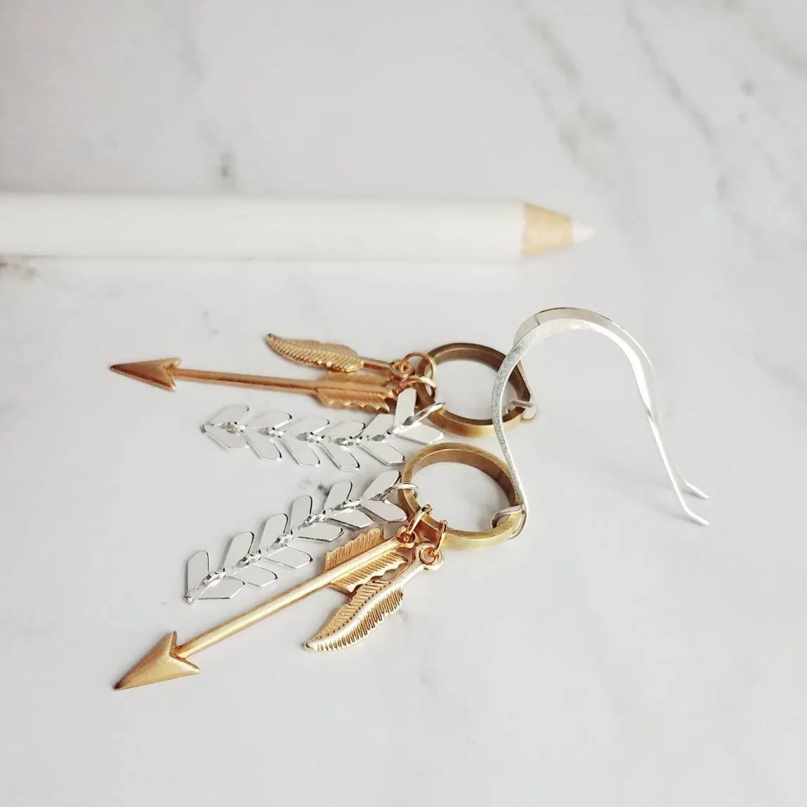 Gold and Silver Earrings, tribal earring, mixed metal earring, gold arrow earring, Boho earring, gold feather earring, long dangle earring