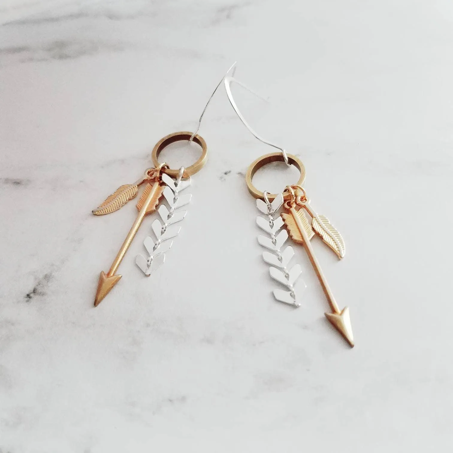 Gold and Silver Earrings, tribal earring, mixed metal earring, gold arrow earring, Boho earring, gold feather earring, long dangle earring