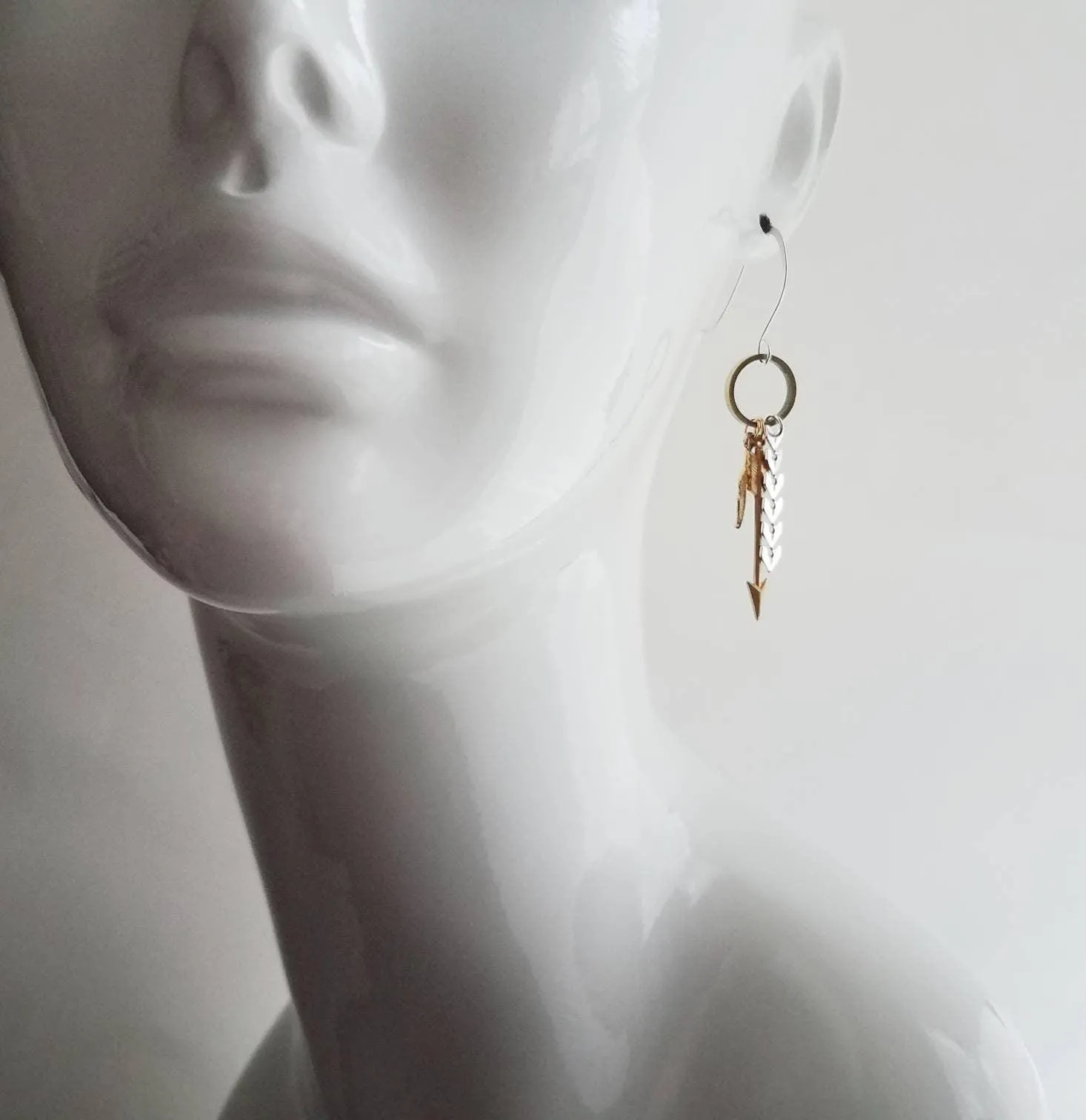 Gold and Silver Earrings, tribal earring, mixed metal earring, gold arrow earring, Boho earring, gold feather earring, long dangle earring
