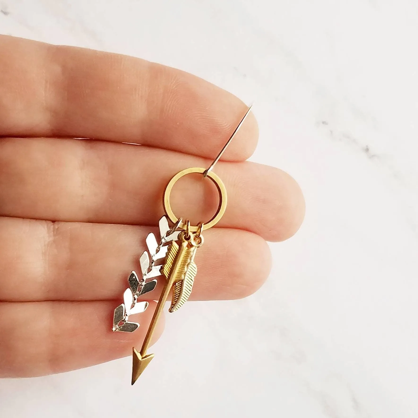 Gold and Silver Earrings, tribal earring, mixed metal earring, gold arrow earring, Boho earring, gold feather earring, long dangle earring