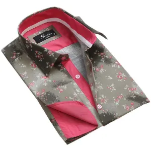 Gold Floral Sheen Mens Slim Fit French Cuff Shirts with Cufflink Holes - Casual and Formal