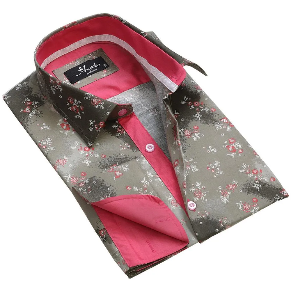 Gold Floral Sheen Mens Slim Fit French Cuff Shirts with Cufflink Holes - Casual and Formal