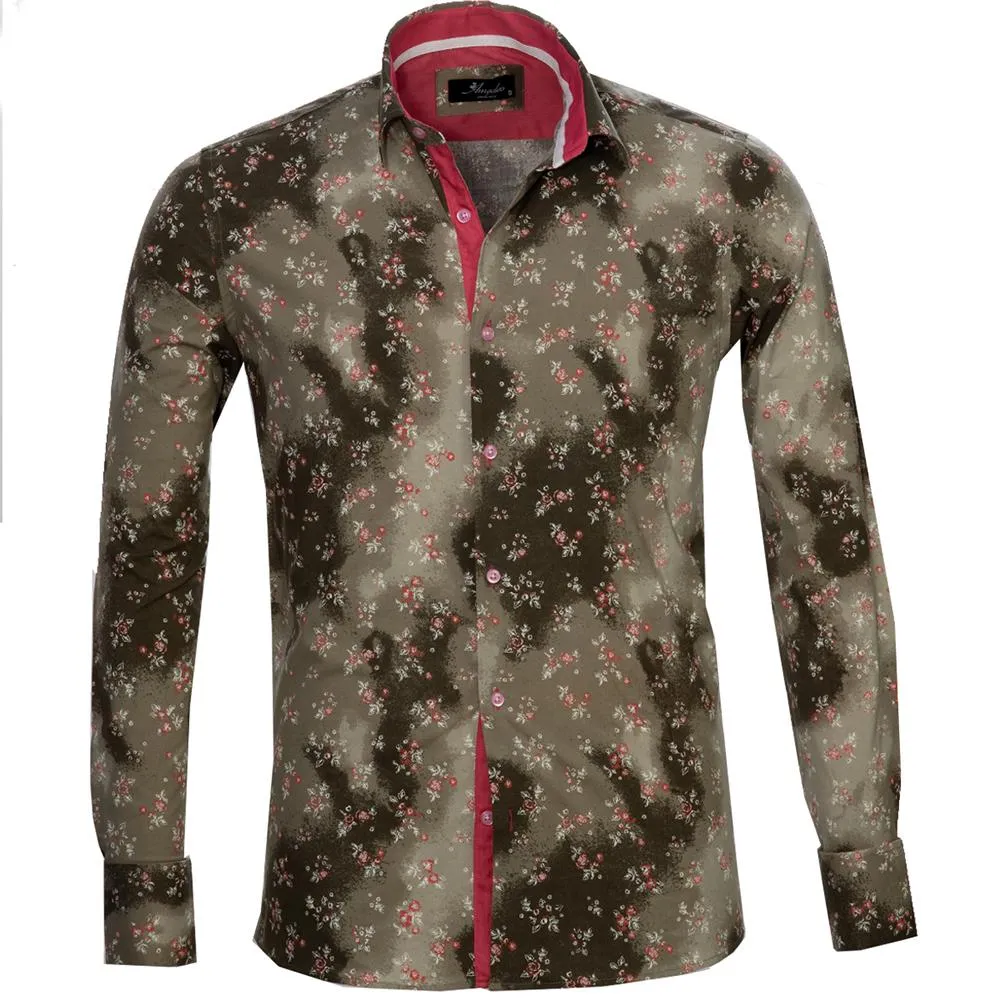 Gold Floral Sheen Mens Slim Fit French Cuff Shirts with Cufflink Holes - Casual and Formal