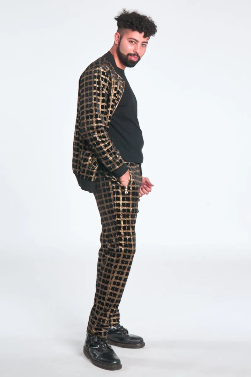 Gold Plaid Glitter Black Velour Track Suit