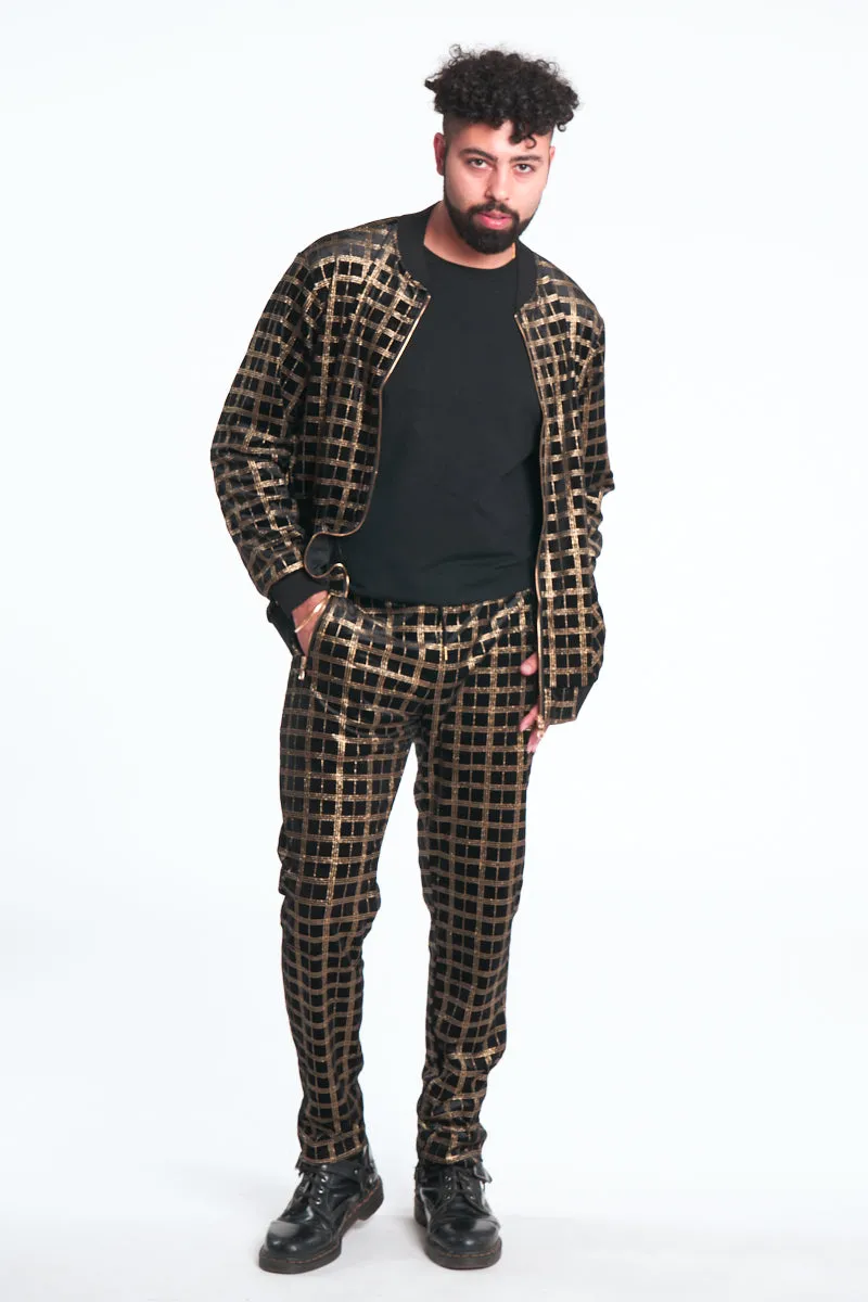 Gold Plaid Glitter Black Velour Track Suit