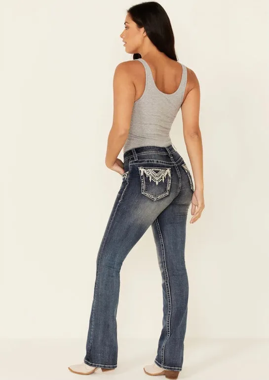 Grace in LA Medium Wash Tribal Feather Bootcut Jeans