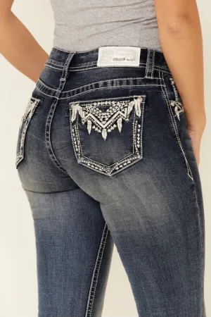 Grace in LA Medium Wash Tribal Feather Bootcut Jeans