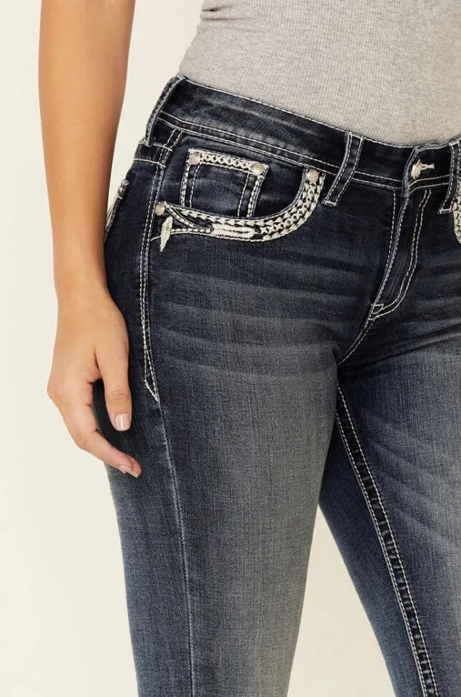 Grace in LA Medium Wash Tribal Feather Bootcut Jeans