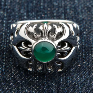 Green Agate 925 Sterling Silver Tribal Cross Men's Ring