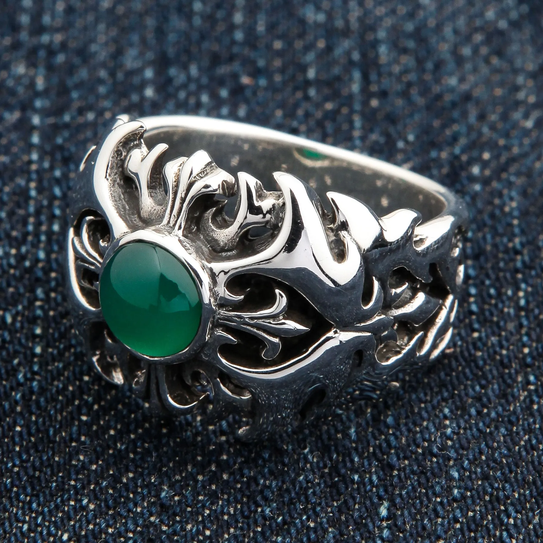 Green Agate 925 Sterling Silver Tribal Cross Men's Ring