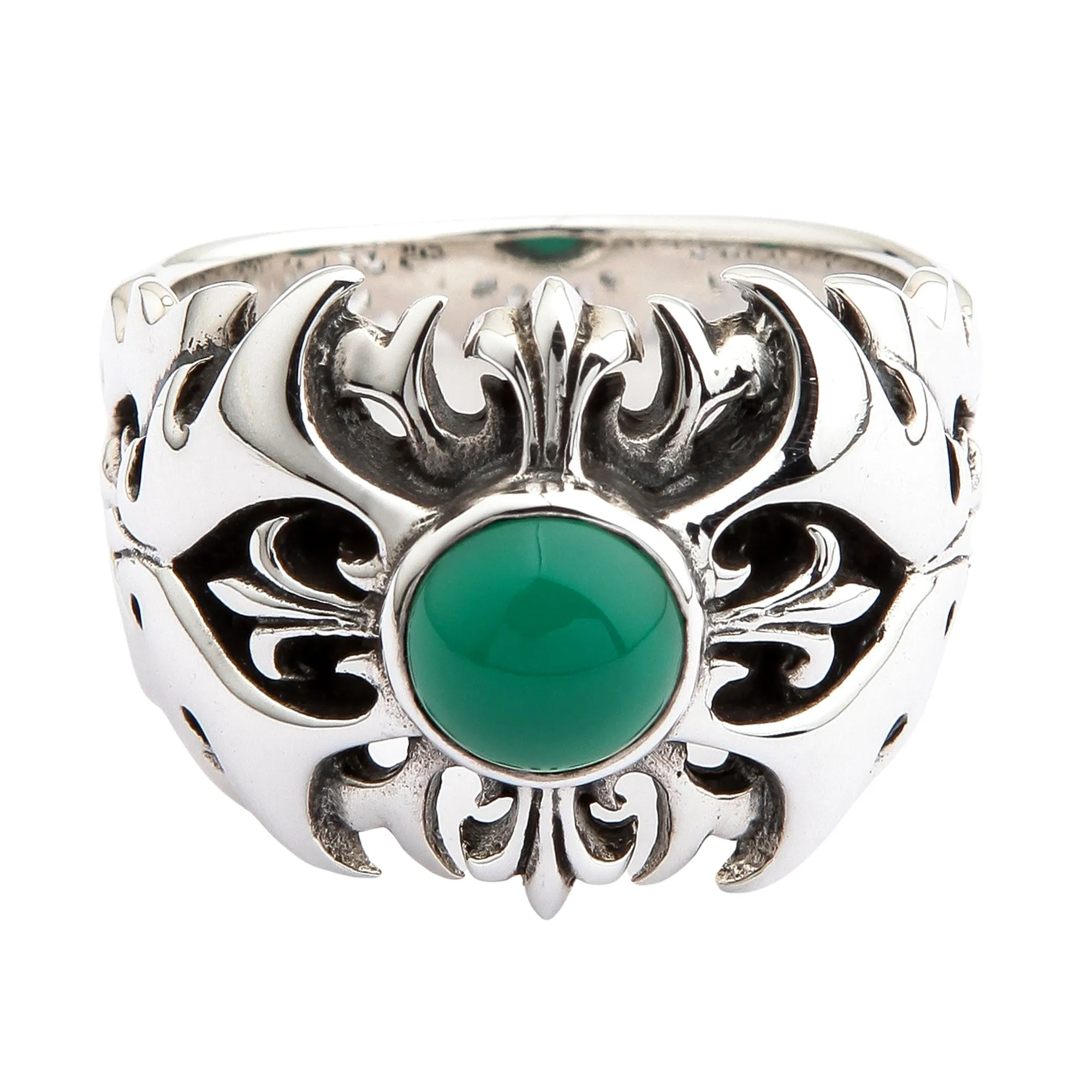 Green Agate 925 Sterling Silver Tribal Cross Men's Ring