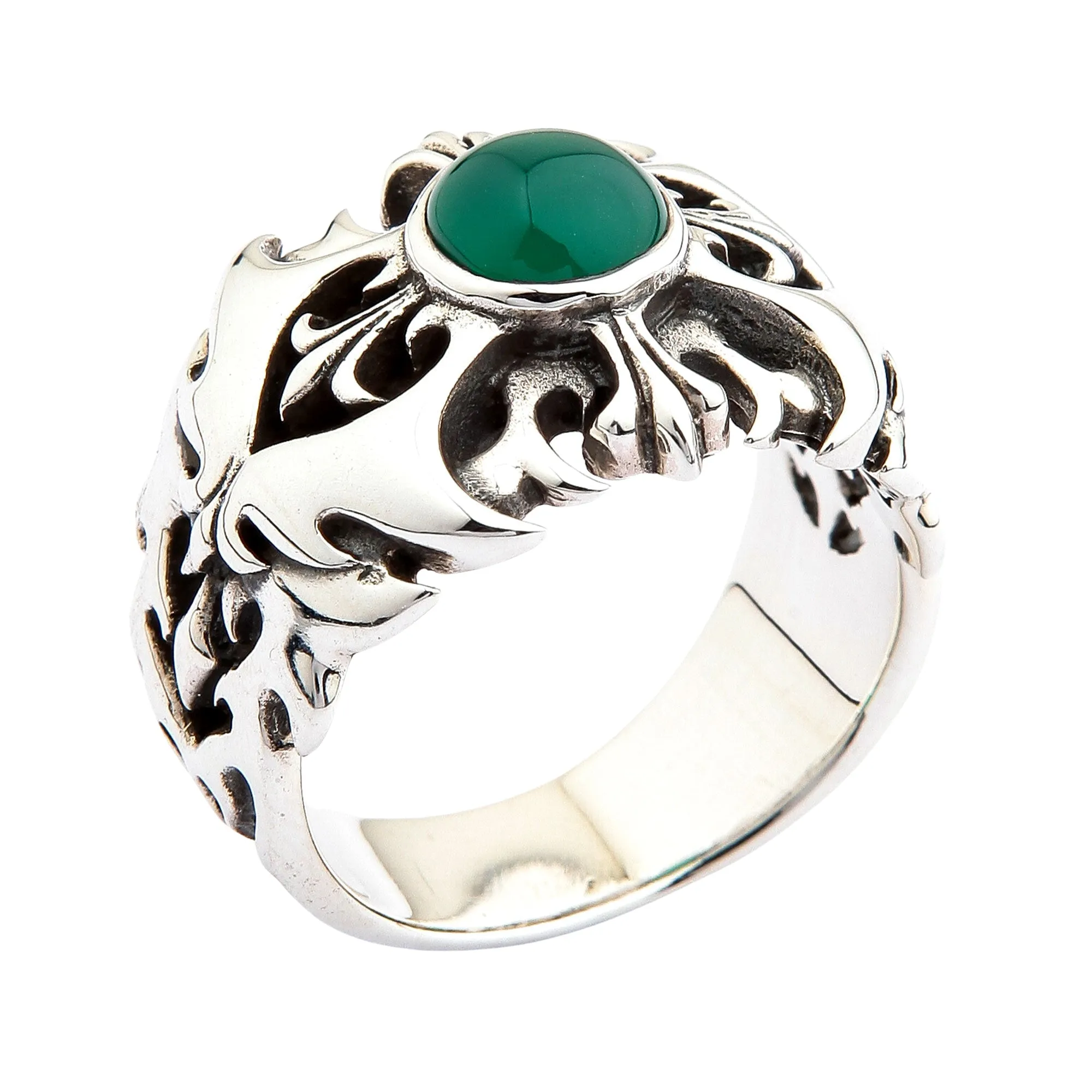 Green Agate 925 Sterling Silver Tribal Cross Men's Ring