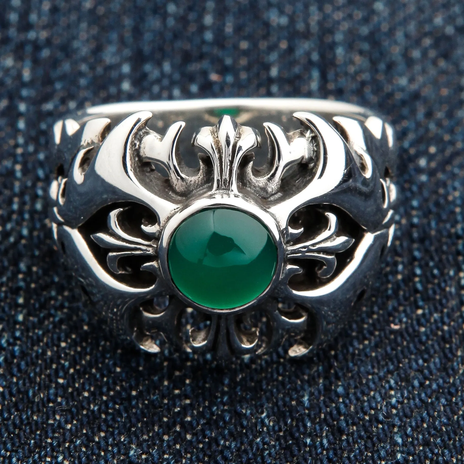 Green Agate 925 Sterling Silver Tribal Cross Men's Ring