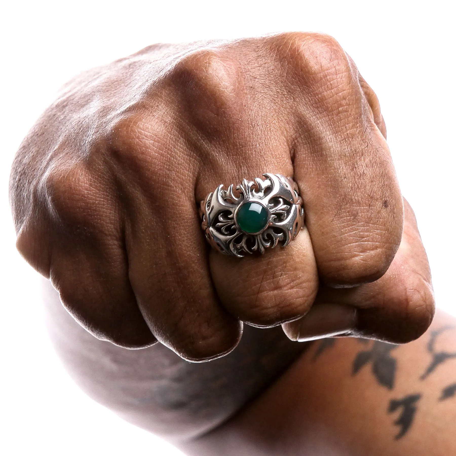 Green Agate 925 Sterling Silver Tribal Cross Men's Ring
