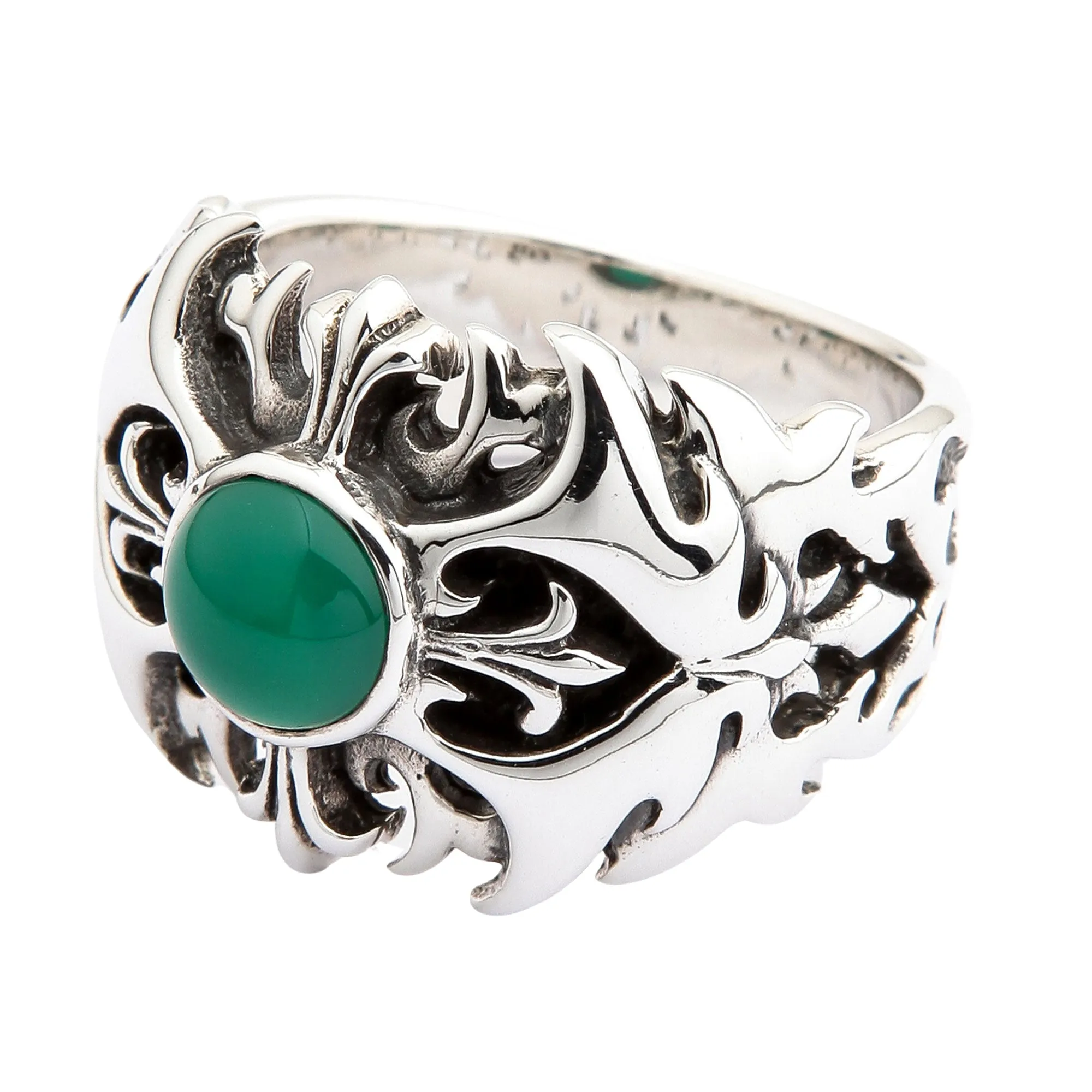 Green Agate 925 Sterling Silver Tribal Cross Men's Ring