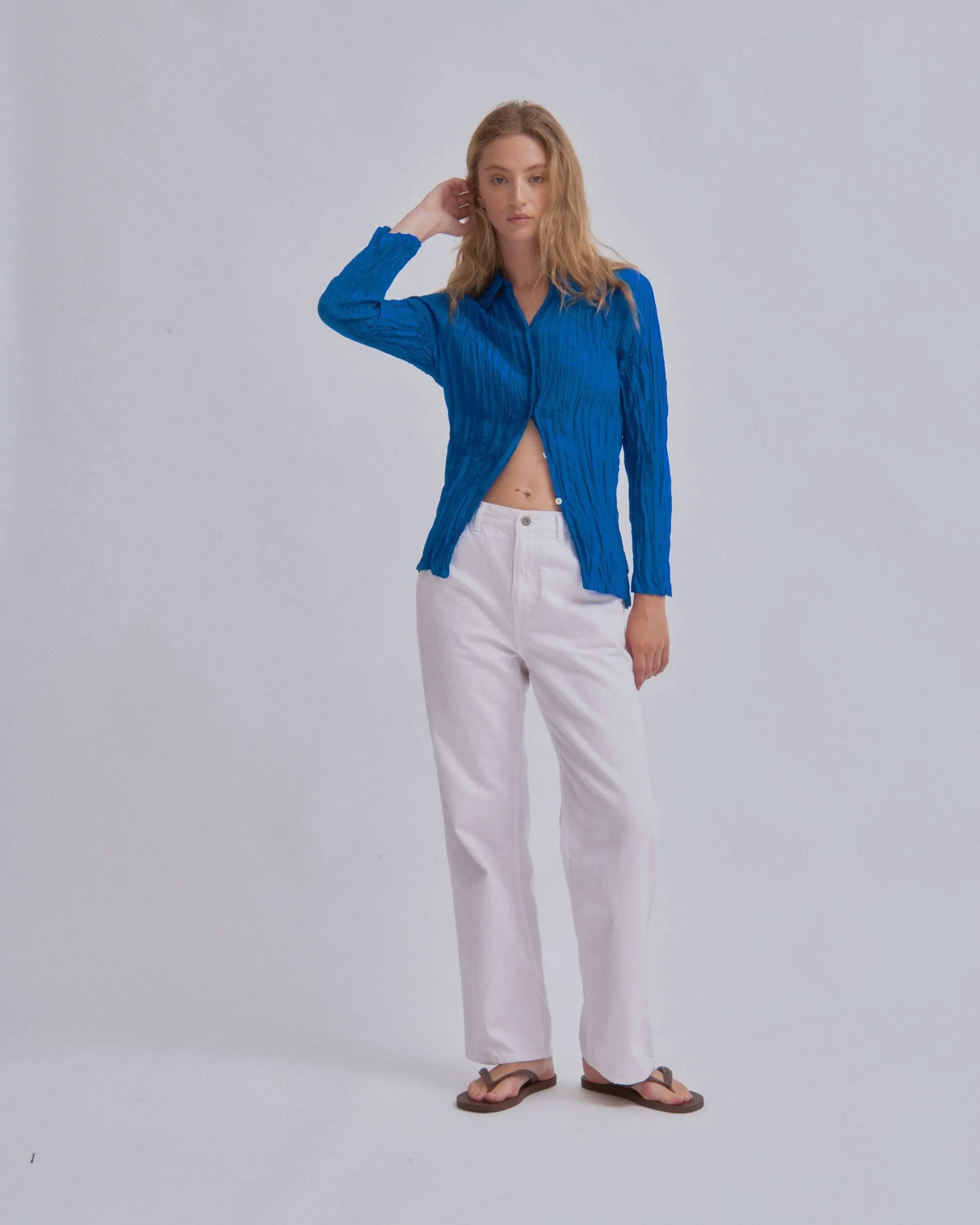 Hand Pleated Shirt in Cerulean