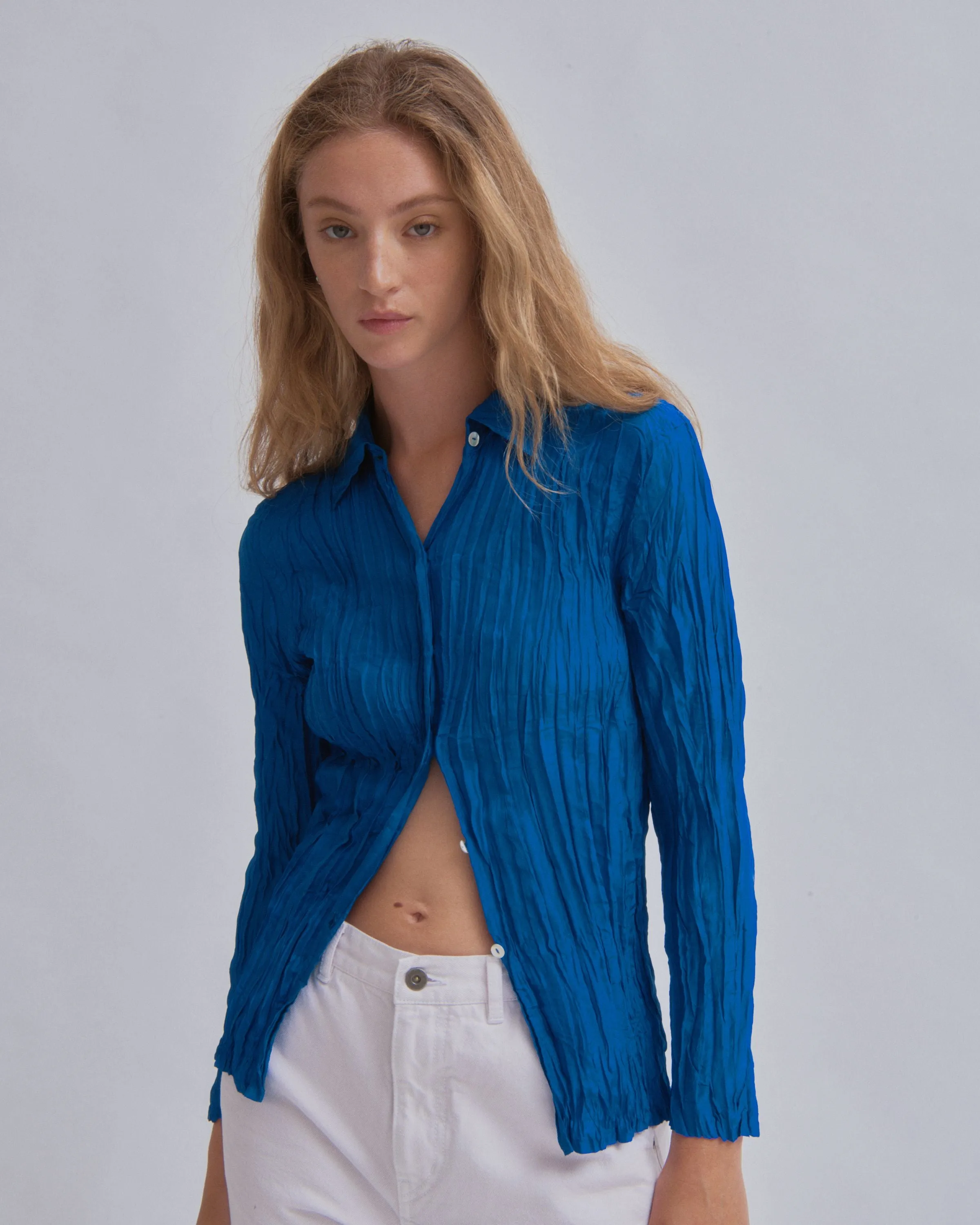 Hand Pleated Shirt in Cerulean